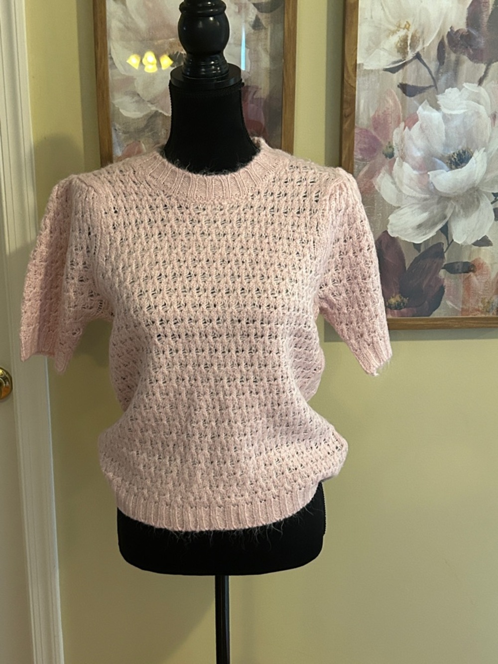 Magaschoni Pale Pink Open Knit Short Sleeve Sweater
